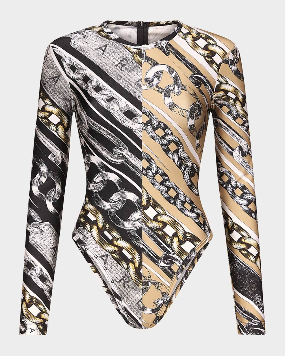 Chain-Print Long-Sleeve Bodysuit